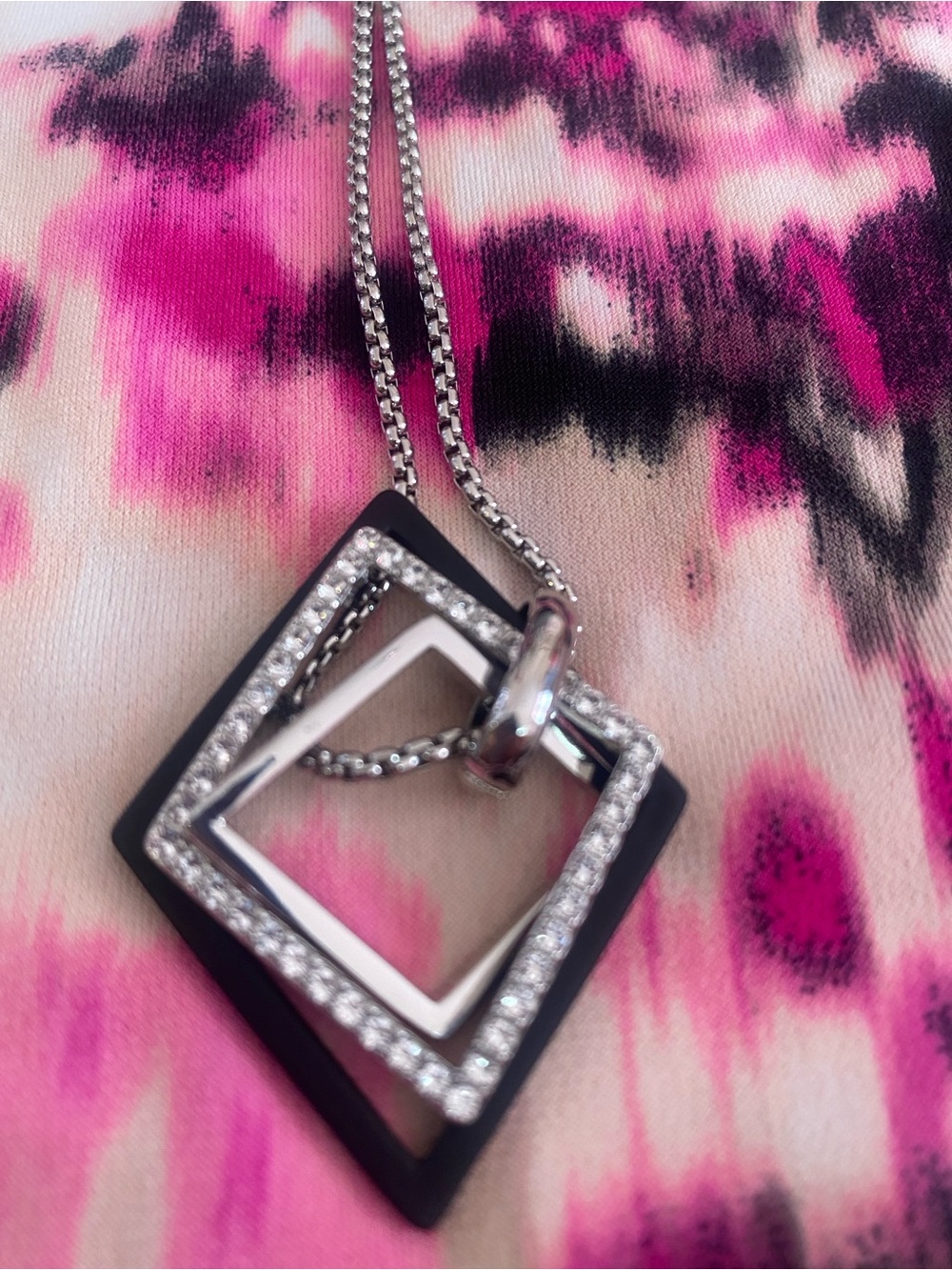 Karl Lagerfeld Black and Silver Crystal Square Pendant Necklace